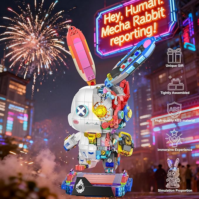 Mechanical Bunny Rabbit Building Set with LED Light-Up Eyes &amp Display Stand Poseable Cyberpunk Robot Animal Building Toy Model Kit for Kids Teens Ages 8–12 Birthday STEM Gift for Boys Girls 137