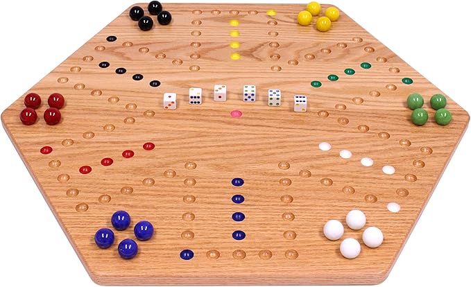AmishToyBox.com Wahoo Wooden Marble Game Board Set - Large 24 Wide - Solid Oak Wood - Double-Sided - with Large 22mm Marbles and Dice Included