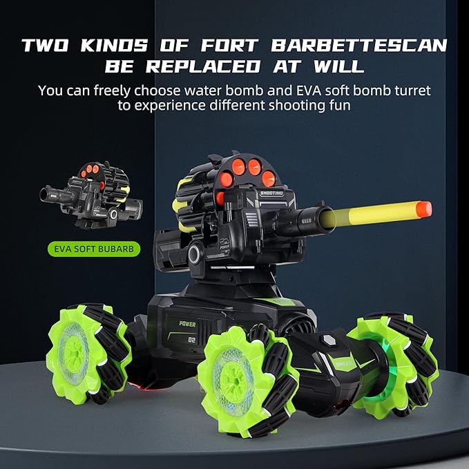 Rc Car Shoot SoftBulletFits for Nerf Remote Control Hand Gesture Stunt Drift Truck 360°Rotating Battle Tanks with Soft Bullets Water Bomb Spray Music Led Toy Gifts（Green）