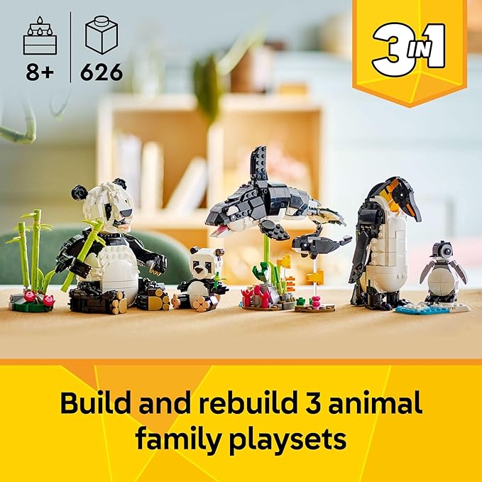 LEGO Creator 3 in 1 Wild Animals Panda Family - Building Toy Kit for Kids with 3 Building Options Panda Penguin or Orca - 8 Year Old Girl &amp Boy Birthday Gifts - 31165