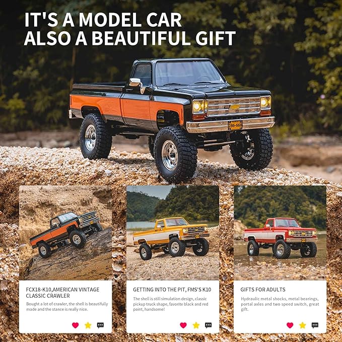 FCX18 FMS 1/18 Chevrolet K10 RC Truck Officially Licensed 4WD RC Crawler 2 Speeds Switch with LED Lights Off-Road RC Model for Adults (Yellow)