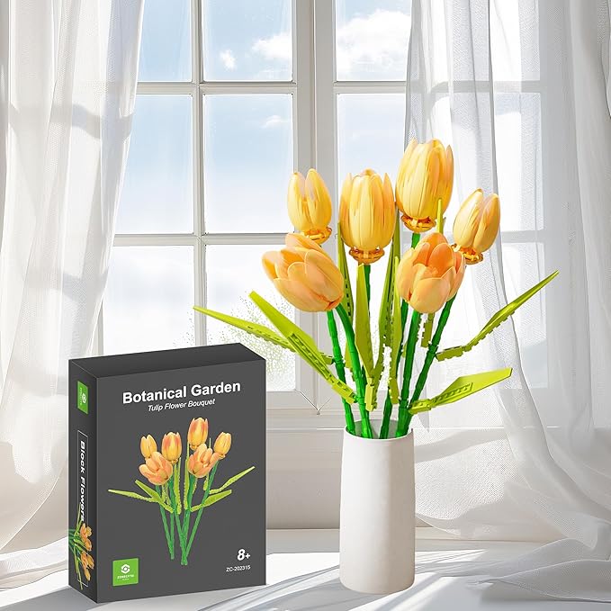 Flower Bouquet Building Toy Set Tulips Botanical Building Blocks for Adults Home Office Decor Orange Color