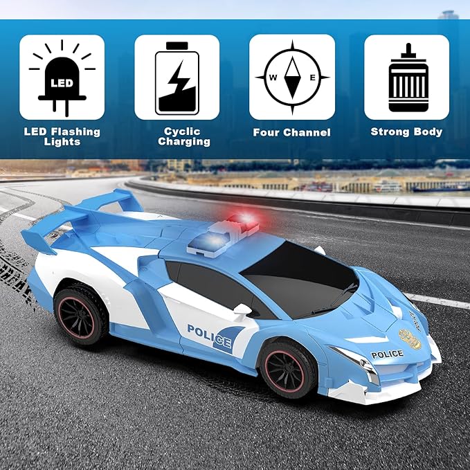 FDJ RC Cars - Transform Remote Control Car 2.4Ghz 1:18 Scale Transforming Police Car Toy with Flashing Light One Button Deformation 360 Degree Rotating Drifting Kids Toys Car for Boys Girls