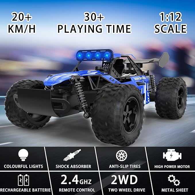 RC Monster Truck for Kids Ages 4–8 1:12 Remote Control Car with Alloy Shell 15.5 MPH (25KM/H) Fast Off Road Blue RC Car with 2 Speed Modes &amp LED Lights 2.4GHz Easy Control Toy Gift for Boys