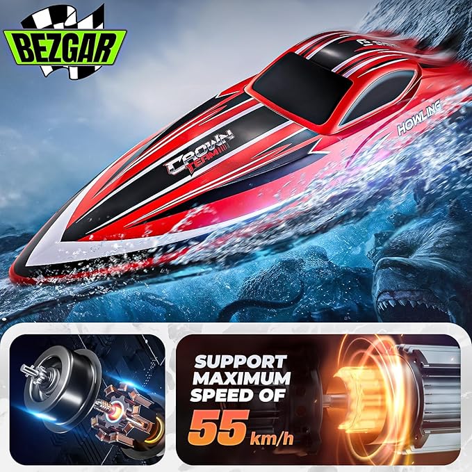 BEZGAR RC Boat 16 inch Big Brushless Remote Control Boat for Adults and Kids 55 KPH Large Fast RC Speed Boats with 2000mAh Battery Ideal Waterproof Toy Boats for Lakes - HJ818PRO Red