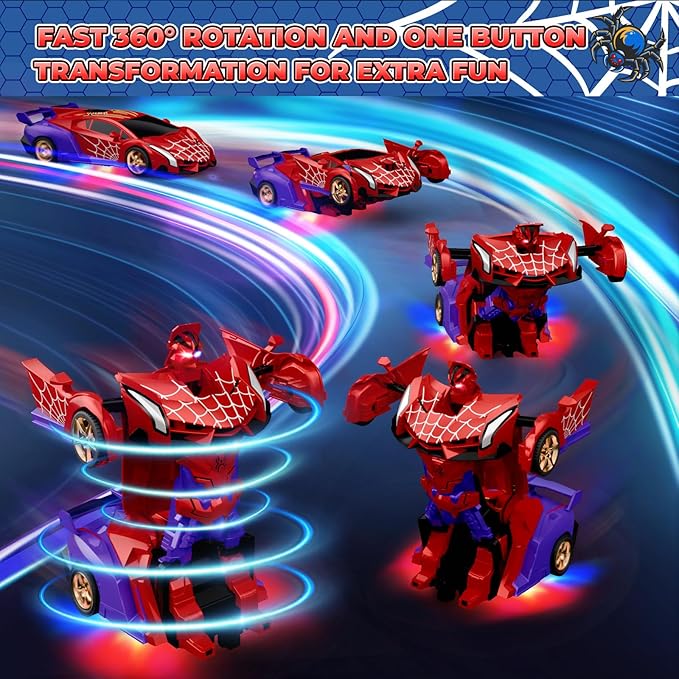 Spider Transform RC Cars Toys with Eye &amp Underbody Lights 2.4GHz Remote Control Car One-Button Deformation Fast 360°Rotation Robot Toys Birthday Gifts for 3 4 5 6 7 8 9 10 Year Old Boys Age 4-7