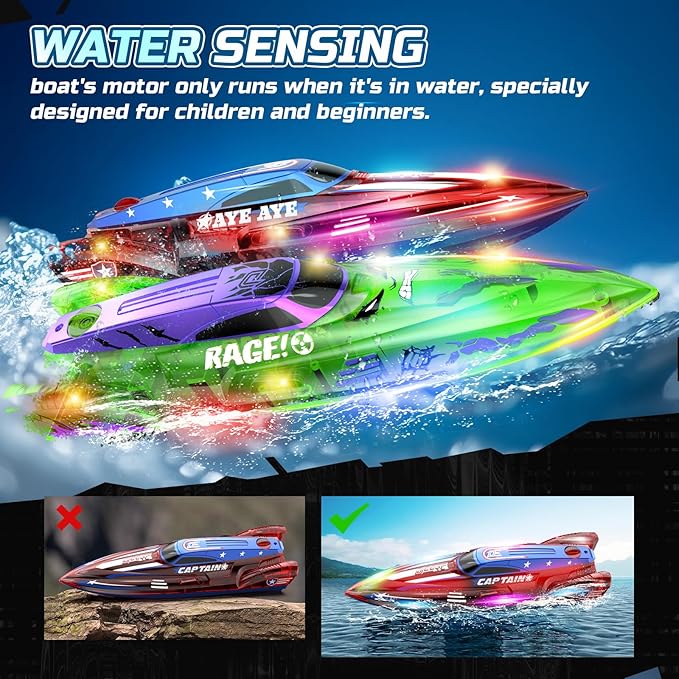 DEERC 2 Pack 13 inch Remote Control Boat for Kids 4 Batteries 2.4Ghz RC Racing Boat with LED Lights for Pools and Lakes Summer Water Toy Gift for Boys 8-12