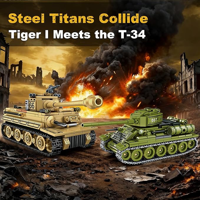 Sosuy WW2 Building Block Army Tank-Sets for Boys Men 1:32 Movable German Tiger &amp Soviet T-34 Military Toys for Kids Ages 8+ Mini Cannon Vehicle Model History Birthday Gifts for Teen Girls 1030 Pi
