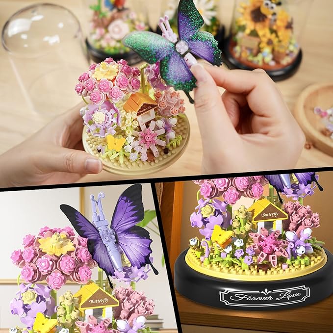 QLT QIAOLETONG Flower Bouquet Building Kit for Adults Animals Flowers 582 PCS Botanical Collection Mini Building Blocks Set Valentine's Day for Her Mom Women Wife Girlfriend (Butterfly)