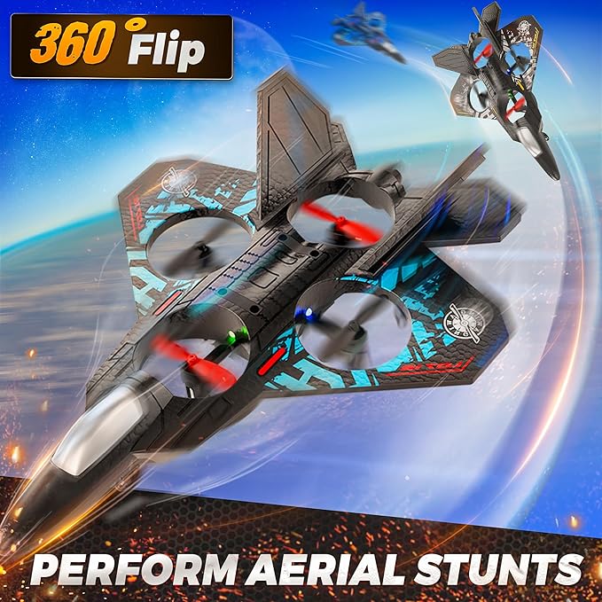 BEZGAR Drones for Kids | 2.4GHZ RC Plane Remote Control Airplane RC Helicopter 360° Flip Fighter Jet Toy with Colorful LED Navigation Light Blue