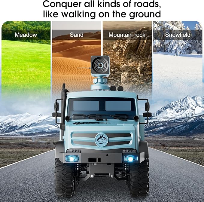 RC Military Truck 1:16 Scale Remote Control Car with Camera All Terrain Rock Crawler Off-Road Truck 2.4GHz Army Transport Vehicle with Rechargeable Battery for Adults Blue