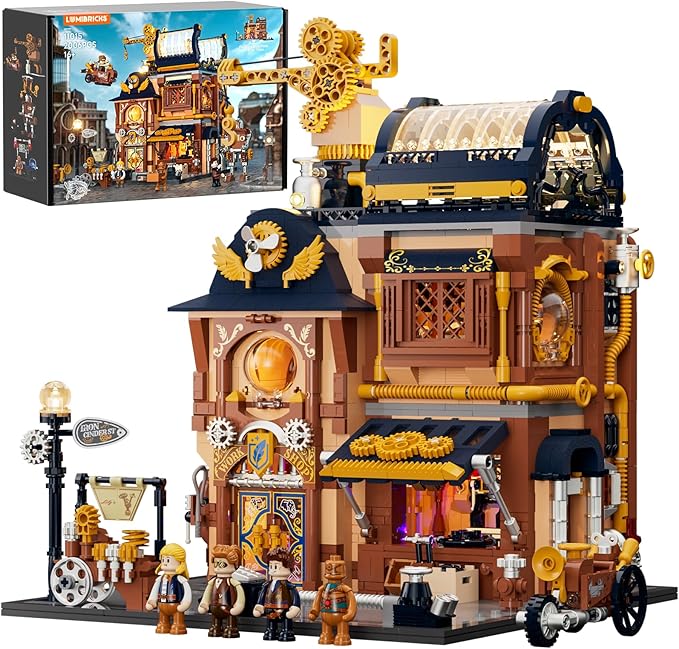 Steampunk Mechanical Workshop Lighting Building-Bricks Set 2006 Pcs The Sky-Lane Repair Shop Modular Building from Aeronauts Collection Display Set for Adults and Steampunk Lovers