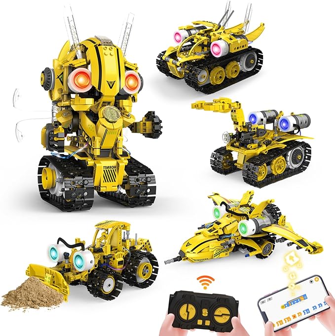 5-in-1 Remote Control STEM Robot Building Kit with LED Light – Transformable Models Eco-Friendly Rechargeable App-Controlled Engineering Toy for Kids 6+ (673PCS)