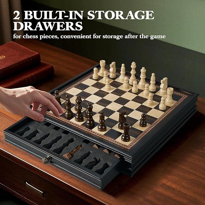 12.5’’ Wooden Chess Set Magnetic Chess Pieces with 2 Built-in Storage Drawers - Chess Broad Game for Beginner Kids Adults - 2 Bonus Extra Queens