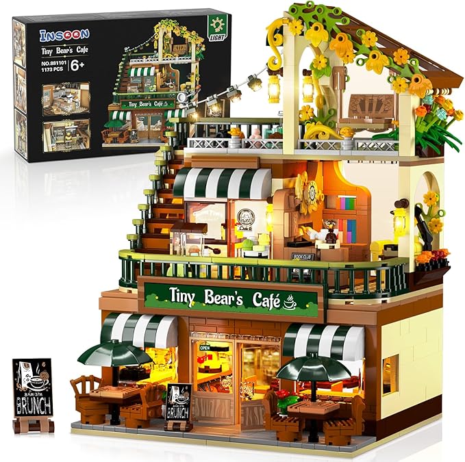City Coffee House Building Set with Light 1173 PCS Cafe Shop Building Block Toy with Ordering Counter Baking Room House Construction Model Gift for Adults Teens Kids Boys Girls Ages 6-12+
