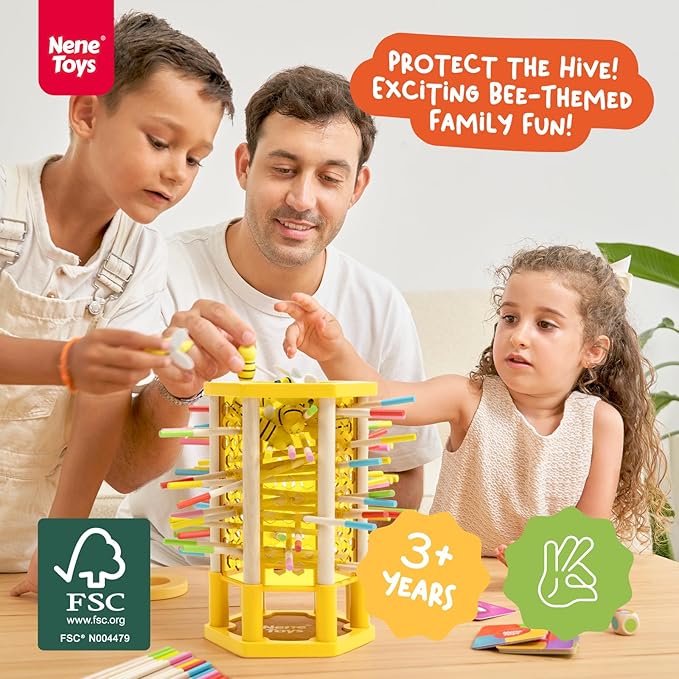 Nene Toys BeeFall Jumbo 4-in-1 Wooden Honey Bee Toy for Kids Ages 3-9 - Educational Game with Wooden Honeybee Hive 12 Bees Colorful Sticks Dice &amp Cards - Fun Family Game for Cognitive Developm