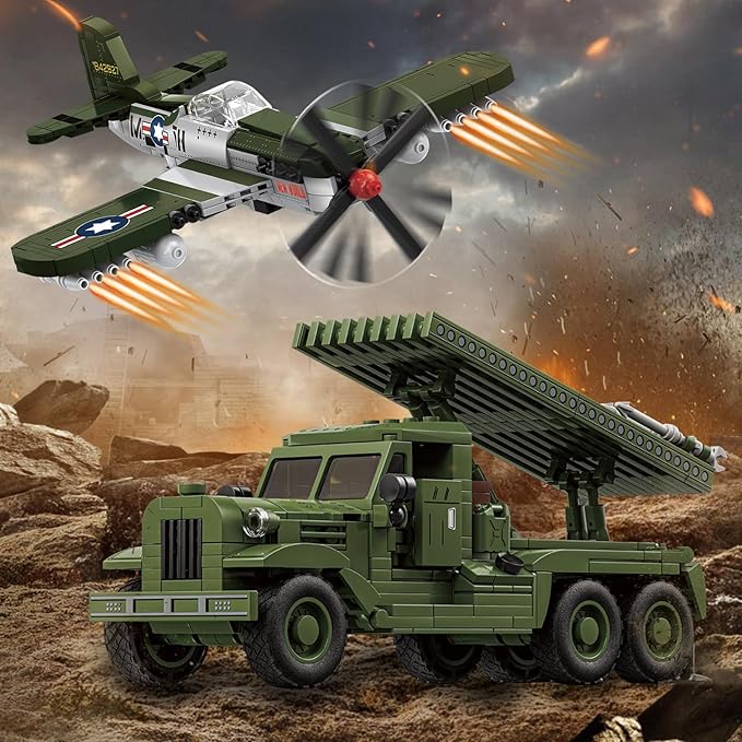WW2 Military Building Blocks Set Compatible with Lego Includes P-51 Fighter &amp BM-13 Rocket Launcher Creative Military Gift for Boys and Kids Ages 8-12