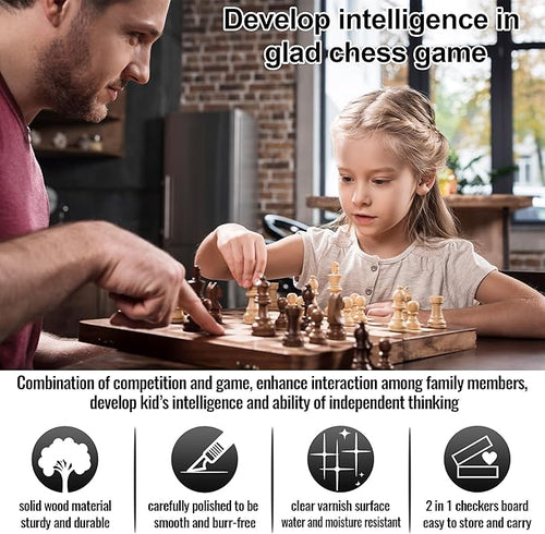 2 in 1 Wooden Chess and Checkers Set - Folding Magnetic Chess Board with Storage Slots Chess Pieces Portable Travel Chess Set for Adults &amp Kids Includes Carry Bag