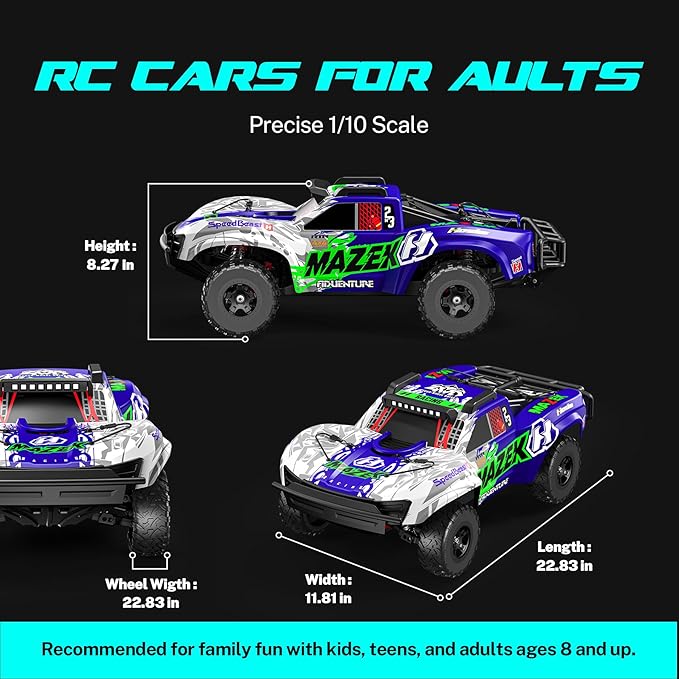 Hosim Fast RC Cars for Adults Brushless 1/10 Scale MAZEK 4x4 Off-Road Electric All Terrain Hobby Grade Monster Truck with 3S Lipo Battery &amp 100A ESC 4S Ready RC Truck Waterproof Remote Control