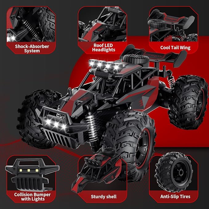 Carox Remote Control Car 2.4GHz 25KM/H High Speed RC Car 1:18 Off-Road Monster Truck with LED Lights and 1800mAh Rechargeable Battery – Ideal Gift for Boys 6+