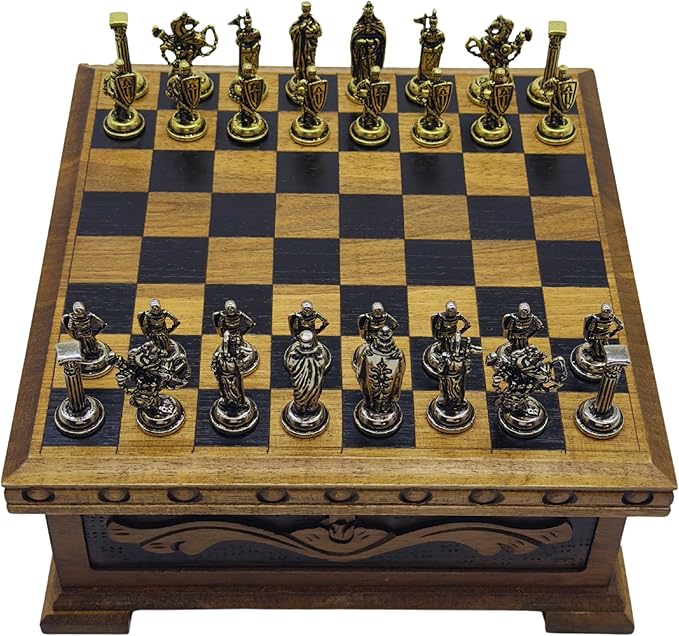 Wooden Chess Set with Storage – Handcrafted Chess Board and British Figure Metal Chess Pieces – Decorative Chess Game for Adults &amp Kids – Premium Gift for Family &amp Friends (Gold Chess Pieces)
