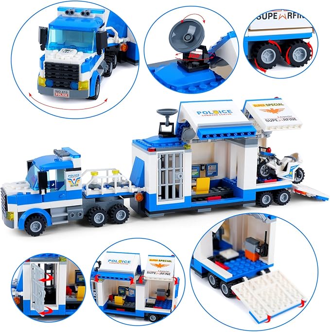 City Police Mobile Command Center Truck Building Blocks Kit Toys Police Vehicles Series Prison Break Jail Set with Action Cop Motorbike ATV Arms Play Set for Boys and Kids Age 5+ (483 Pieces)