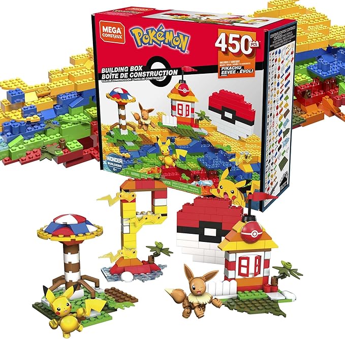 MEGA Pokémon Building Toys Set Building Box with 450 Pieces 2 Poseable Characters and Storage Box for Kids