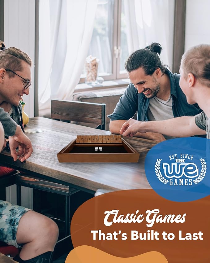 WE Games Wooden Shut The Box - Close The Box Set with 12 Number Tiles &amp 2 Dice Games - 13.5” Walnut Stained Finish