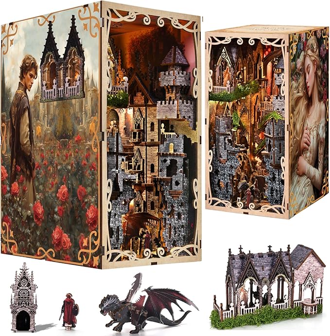 Book Nook Kit - DIY Miniature House 3D Wooden Puzzle for Adult and Teens Booknook Bookshelf Decor Scale Model Build with LED Light Gifts for Family and Friends (Sleeping Beauty)