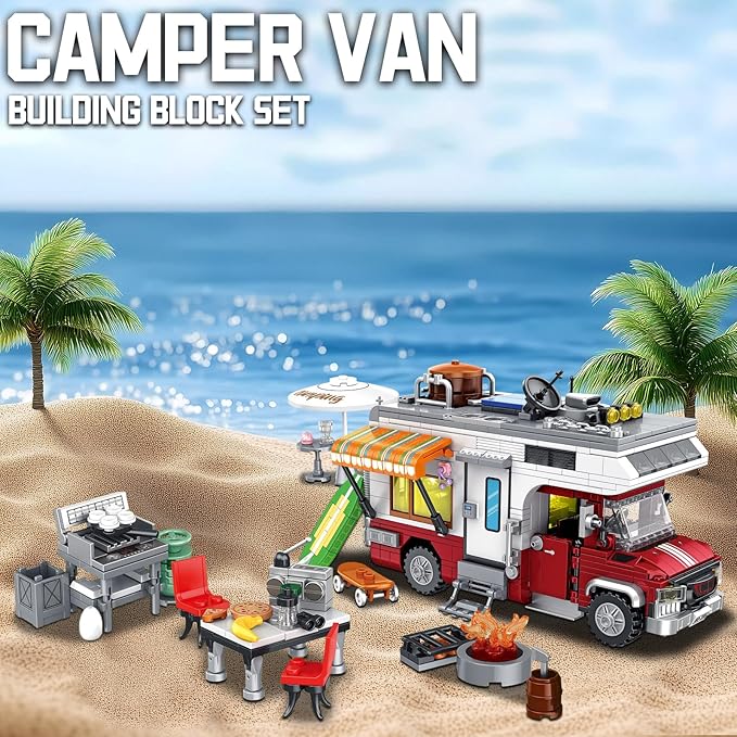Camping Van Construction Toy 924 Pieces Building Block Set with Picnic Table Grill &amp Fire Scene Gift for Kids Teens &amp Vehicle Fans