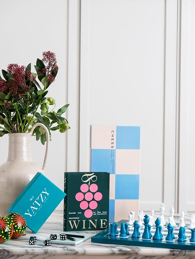 Printworks Play Chess – Blue Wooden Chess Set with Foldable Cardboard Board – Fun Coffee Table Game for Adults – Multilingual Instructions Included