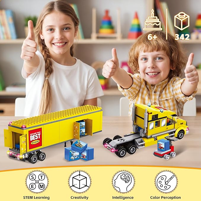 City Delivery Truck Building Blocks Set for Kids 6+ 342PCS Compatible with Lego Semi Truck Model with Detachable Cab&ampOpenable Cargo Construction Brick Toy STEM Educational Gift for 6+ Boys Girls