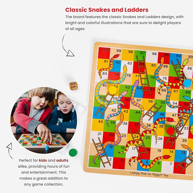 Bigjigs Toys Traditional Snakes and Ladders Game | 4 Player Wooden Board with Counters &amp Dice | Family Toy for Kids &amp Adults | Educational Tool for 3+ Year Old Children | Classic