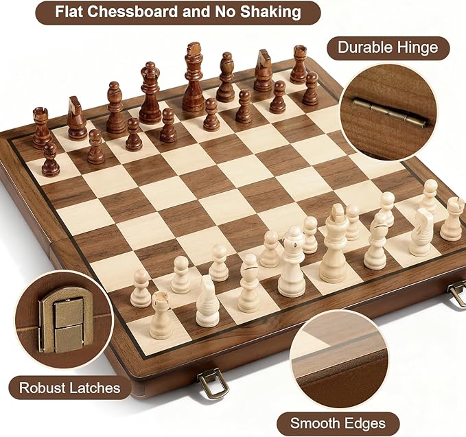 Magnetic Wooden Chess Set 2 Extra Queens 15'' Folding Portable Travel Chessboard with Chess Pieces Storage Slots for Professional Tournament Beginner Adults Kids 6 up Age DUR-001