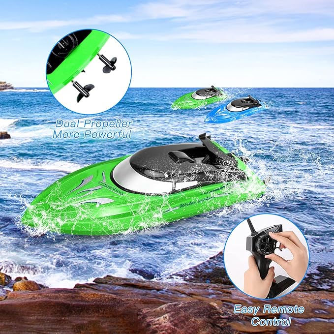Lumiparty 2PACK RC BoatRemote Control Boats for Kids and Adults10km/H 2.4G High Speed Remote Control Boat Fast RC Boats for Pools and Lakes with 4 Rechargeable Battery. (Blue Green)