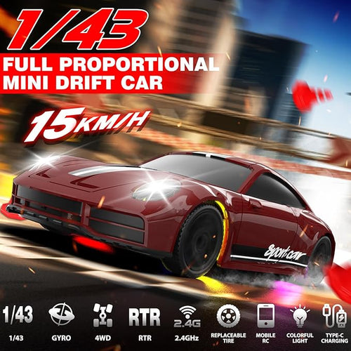 1/43 RC Drift Car Mini Drifting RC Car with Gyro 2.4GHz Full Proportional Drift Cars 4WD RTR Remote Control Cars with Colorful Lights High Speed Fast Racing Vehicle Gift for Kids Boys Adults