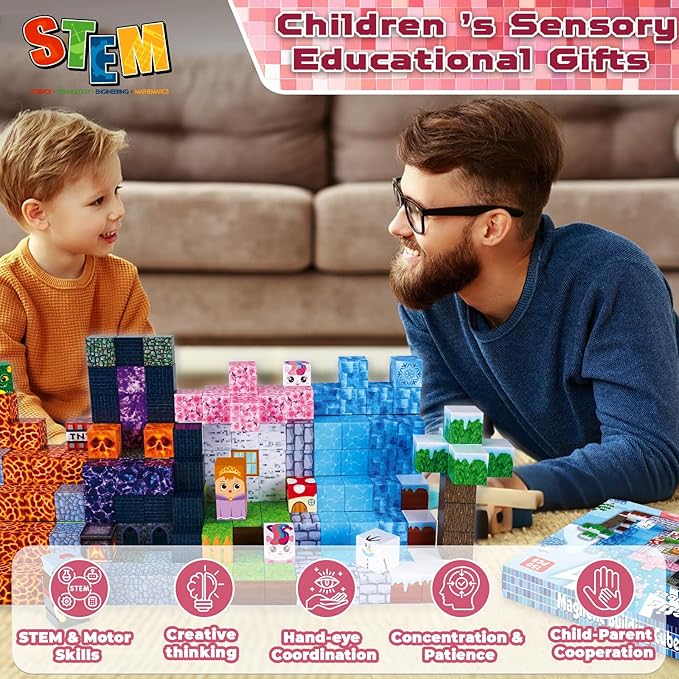 Magnetic Blocks-150PCS Magnetic Building Blocks Magnet Cubes Stacking Dark Forest Glacier Castle STEM Montessori Sensory Toys for Kids Boys Girls Ages 4-8 Holiday Birthday Easter Gifts