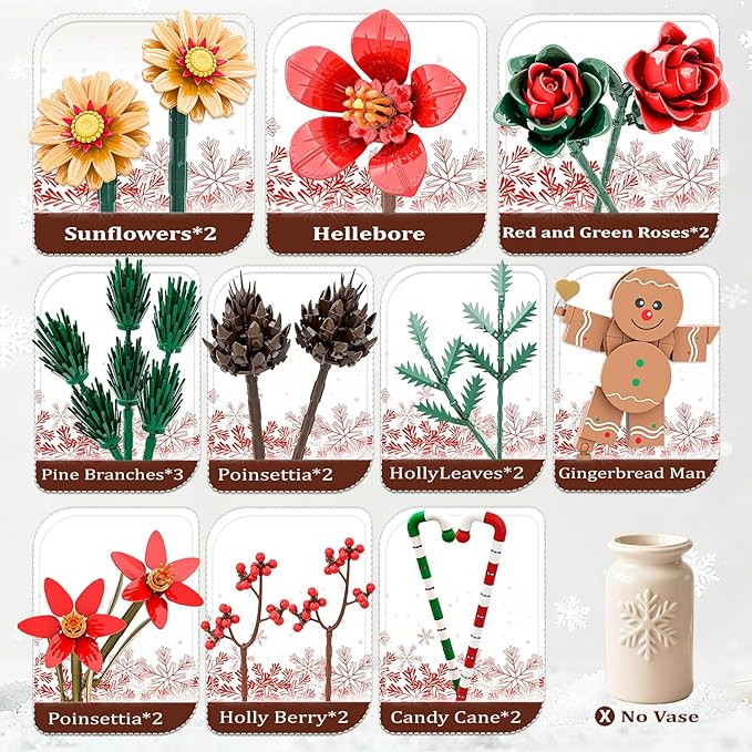 Christmas Flowers Bouquet Building Set Xmas Botanical Collection Compatible with Lego Flowers for Home Living Room Christmas Decor Xmas Gift for Grandkids &amp Teens 865 PCS