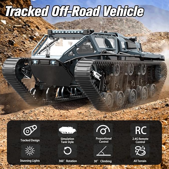 Mostop RC Tank Car 1:16 Scale 2.4Ghz Remote Control Crawler High Speed Tank Off-Road RC Tracked Vehicles 360°Rotating Drifting Car with 2 Batteries Military Truck for Kids Adults Gray