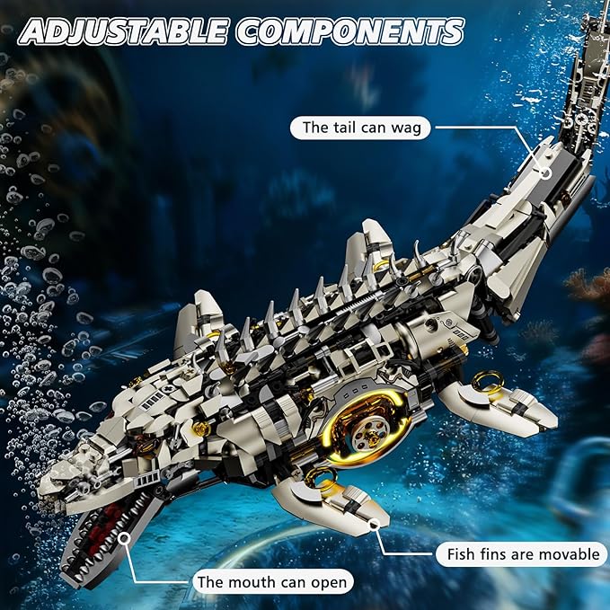 1413-PCS Mechanical Mosasaurus Building Blocks Set with LED Light Movable Linkage Gears Display Stand - Ocean Building Blocks for Adults Teens Kids