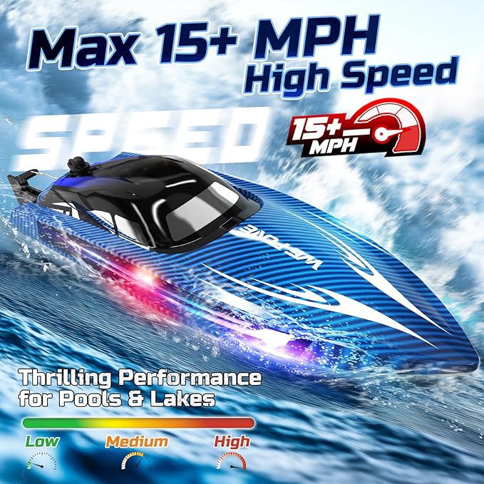 RC Boats for Adults Remote Control Boat for Pools and Lakes WF17 25+ KMH Fast RC Speed Boat with 7 LED Light Modes for Kids 8-12 Summer Toys for Boys Girls 2 Batteries for 30-40 Mins Blue