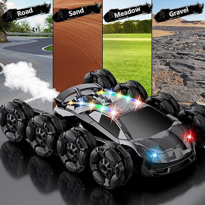8WD Remote Control Car2.4GHz Gesture Sensing RC Stunt CarCool Spray Rotation RC Car with Lights and MusicAll Terrain Toys for Ages 5-7 Birthday Gifts for Boys Girls(Black)