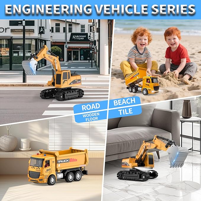 Remote Control Excavator and Dump Truck Toy Set - RC Construction Vehicles Toy with Barricades Road Signs Simulated Rocks Lights and Sounds Present for Toddlers 3-12 Year Boys Girls