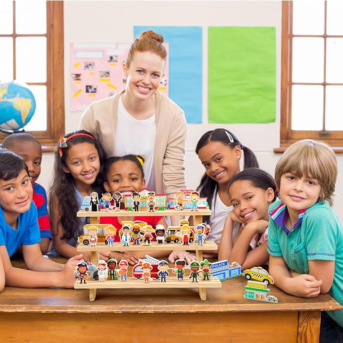50 Pcs Wooden Community Helpers Play Set Community Includes Little Wooden People Buildings Cars Multicultural Figurines Toy Preschool Little Professionals Block Character(Stylish)