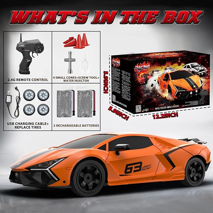 RC Drift Car 1:16 Remote Control Car 2.4Ghz High Speed RC Cars 4WD Racing Sport Toy Cars with LED Lights Spray Drifting Tires 2 Batteries for Kids Boys Girls Adults Birthday Christmas