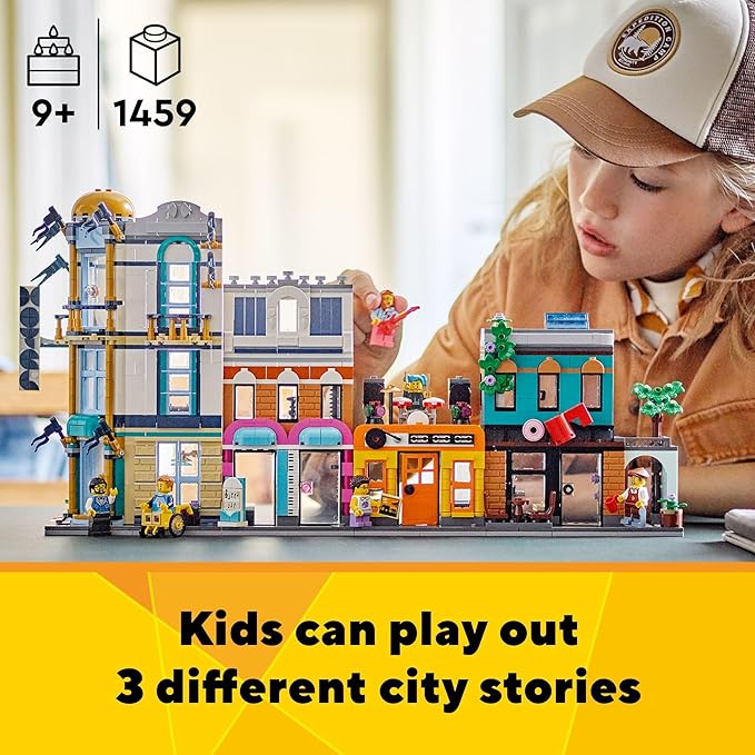 LEGO Creator 3 in 1 Main Street Building Toy Set Features a Toy City Art Deco Building Market Street Hotel Café Music Store and 6 Minifigures Endless Play Possibilities for Kids 31141
