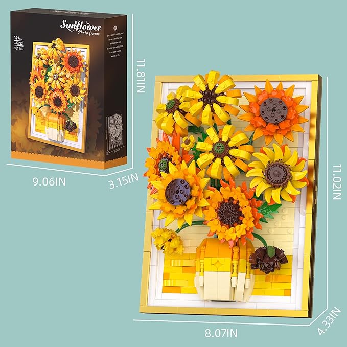 Sunflower Building Set - 3D Wall Art Frame with Wall-Hanging or Tabletop Modes Artificial Flower Botanical Collection Spring Floral Gifts for Girl Aged 14+ 1011PCS