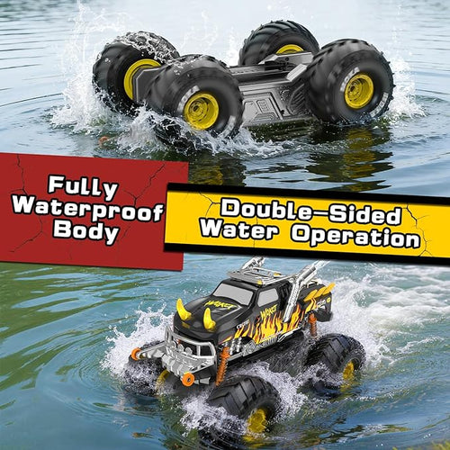 1:16 Waterproof Monster Truck Toys RC Car Amphibious rc Cars Water Blaster Trucks 60+ Min Runtime with 2 Batteries 360 Spin 4WD All Terrain Off-Road Pickup Toy for 4-12 Year Old Kids Gifts Presents
