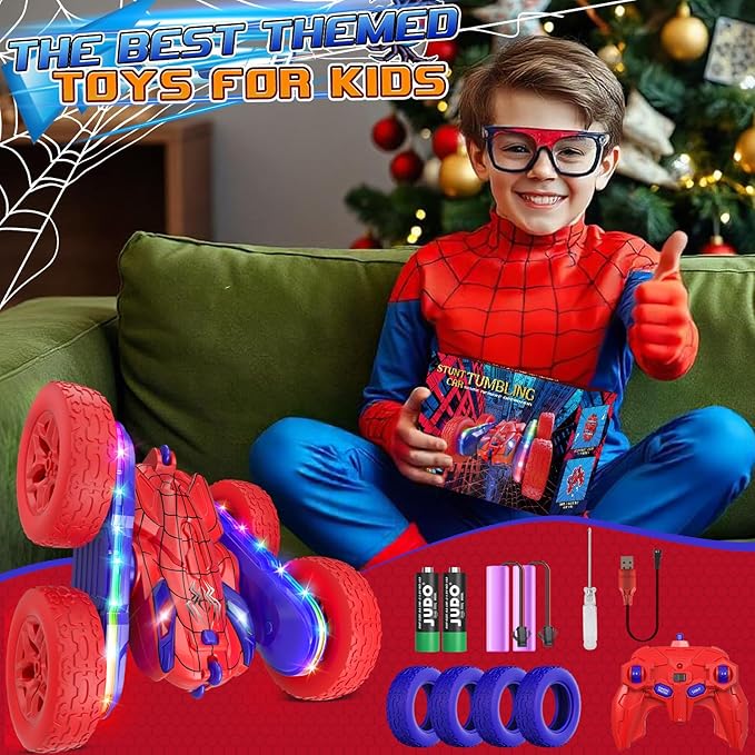 Spider RC Cars Toys for Boys 4-6 2.4GHz Remote Control Car with 26 LED Light System 360° Flips Changeable Wheels Rechargeable All-Terrain Truck Gift for Kids Ages 4-8