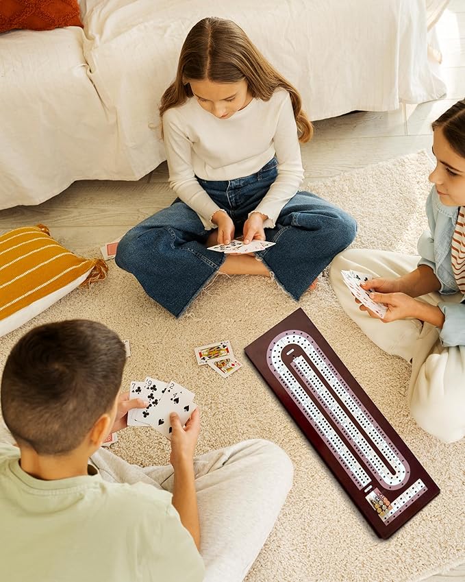Wooden Cribbage Board Game Set with Cards &amp Metal Pegs – Foldable 3 Track Cribbage Board with Magnetic Lock Large Storage Area – Travel Portable Cribbage Game for Adults &amp Family